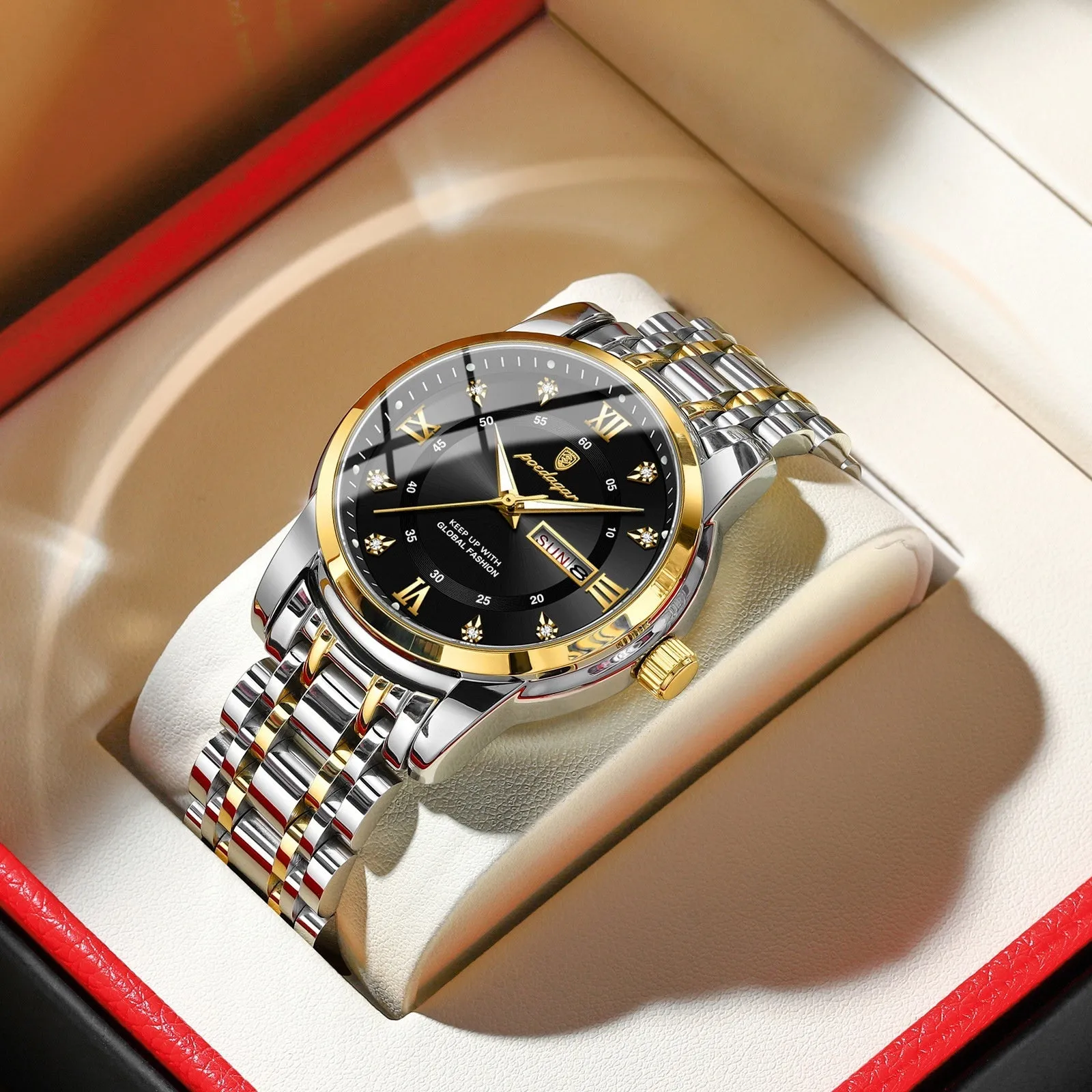 Waterproof men's quartz watch with double calendar, luminous hands, 41mm dial, stainless steel strap, black shell surface