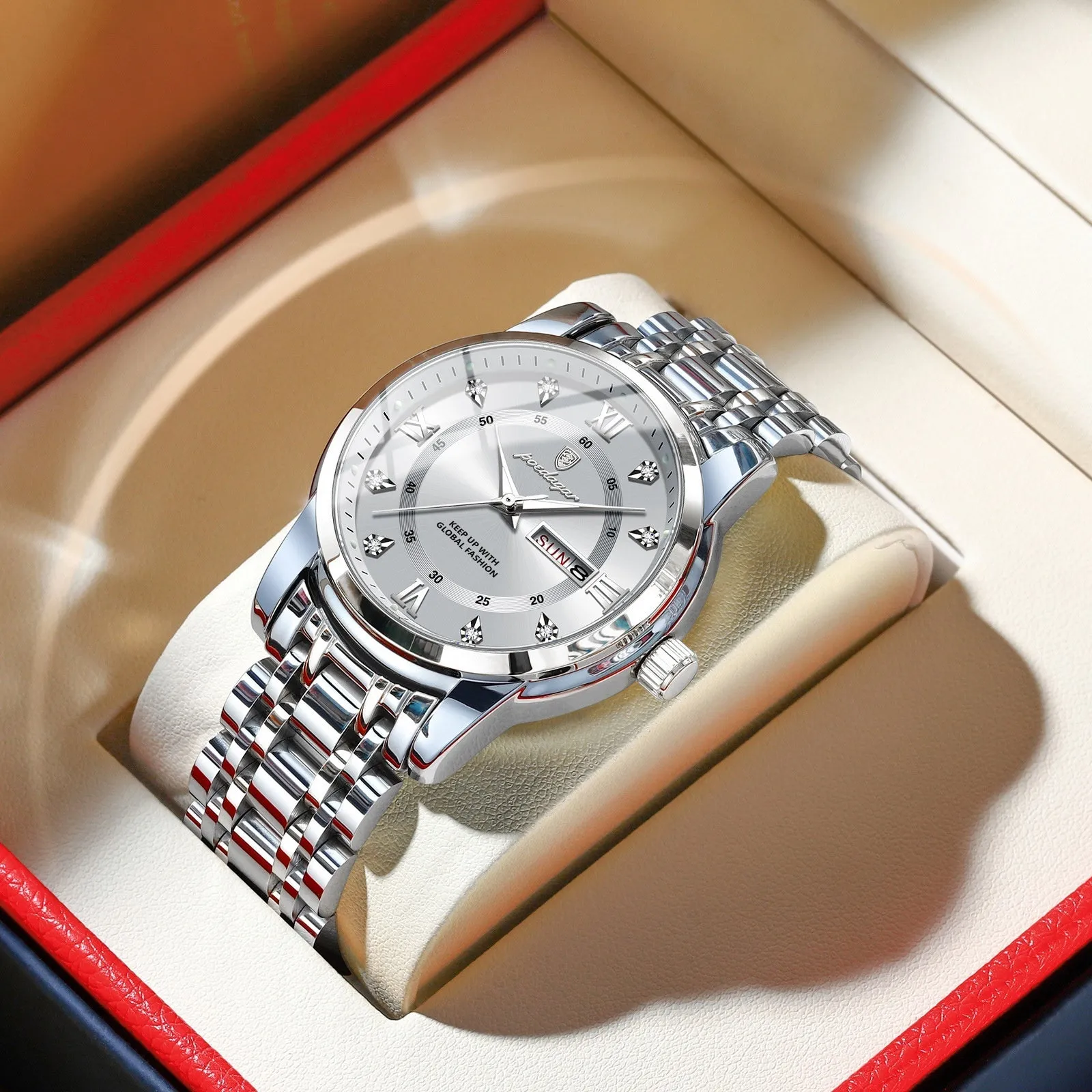 Waterproof men's quartz watch with double calendar, luminous hands, 41mm dial, stainless steel strap, black shell surface
