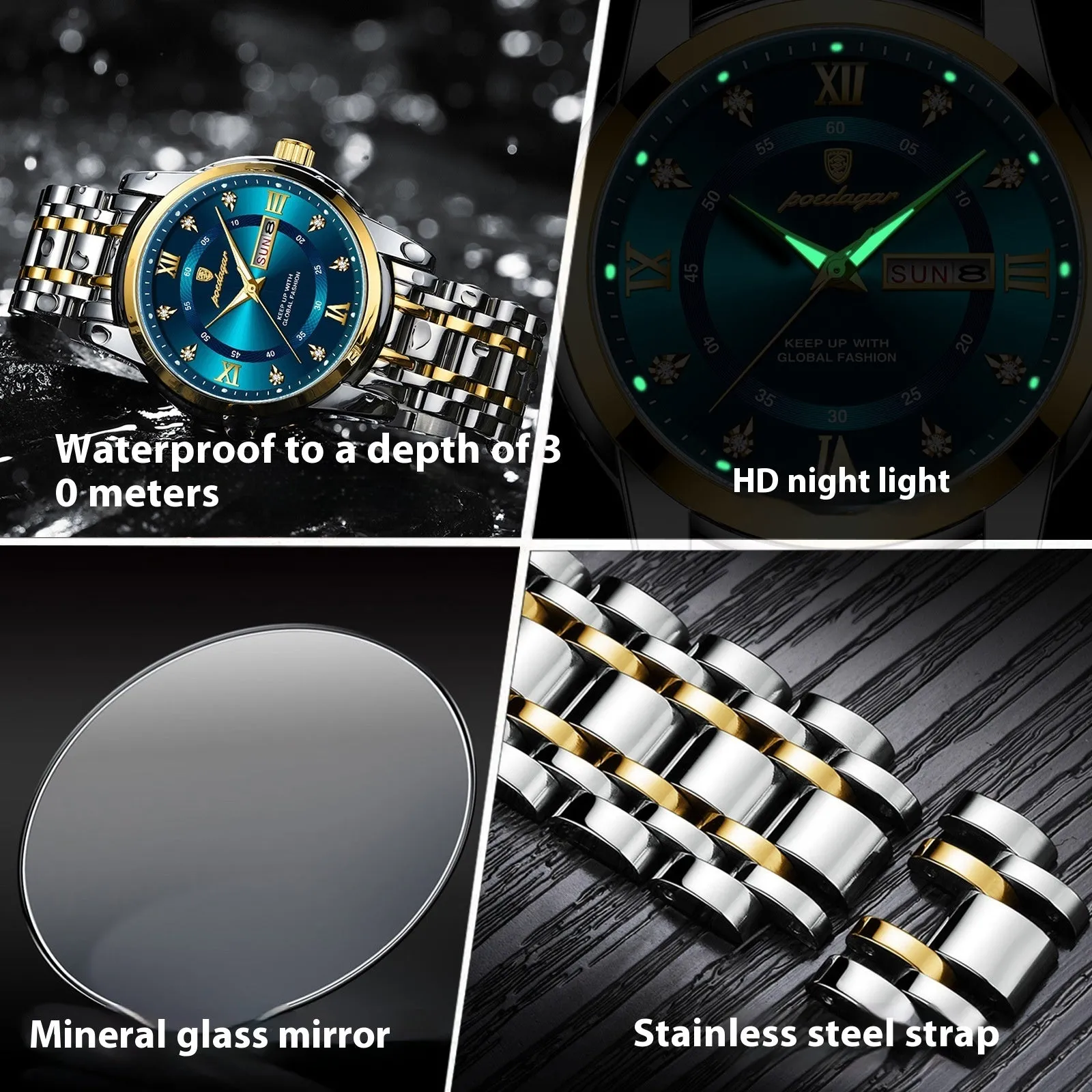 Waterproof men's quartz watch with double calendar, luminous hands, 41mm dial, stainless steel strap, black shell surface