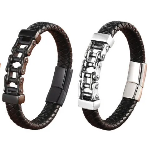 Men's black leather braided magnetic bracelet with titanium steel inlay, U-shape design, 19cm size option