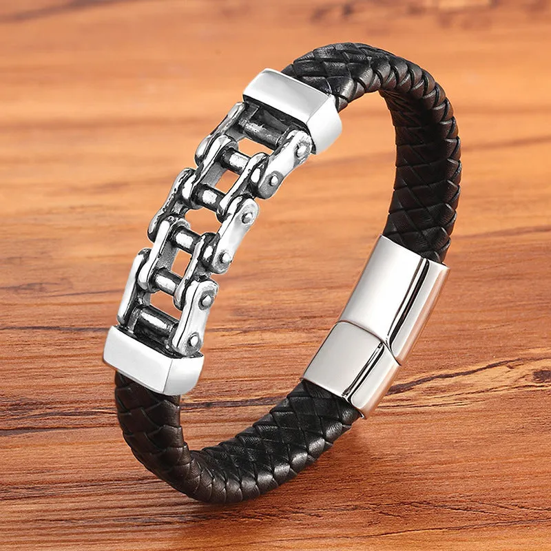 Men's black leather braided magnetic bracelet with titanium steel inlay, U-shape design, 19cm size option