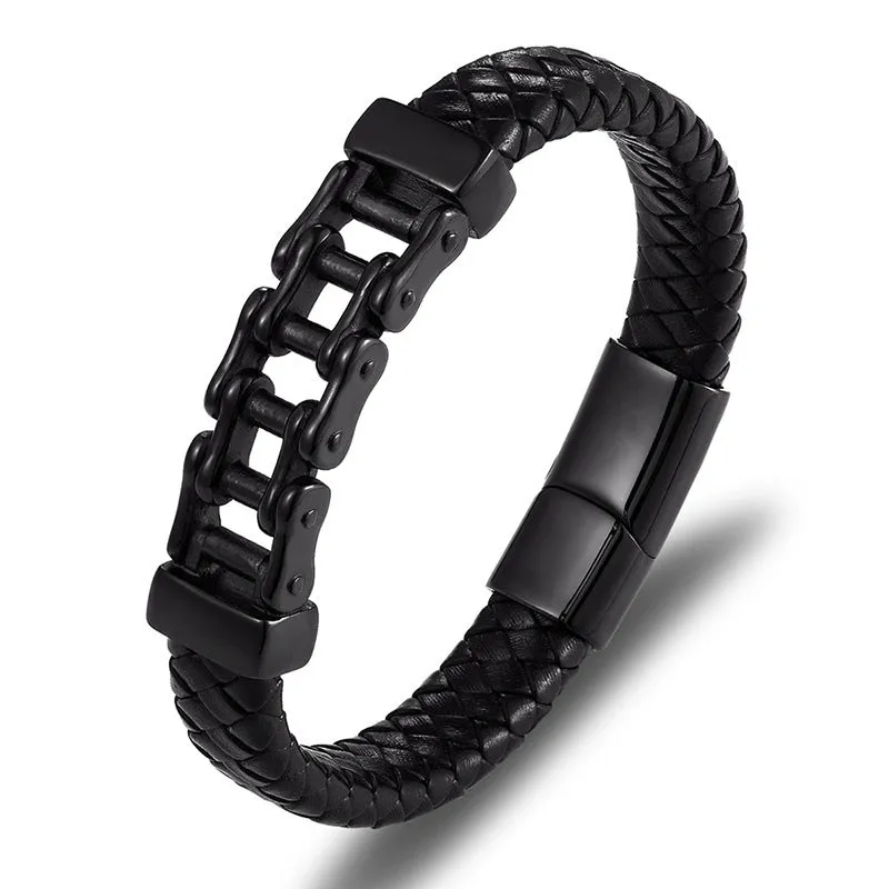Men's black leather braided magnetic bracelet with titanium steel inlay, U-shape design, 19cm size option