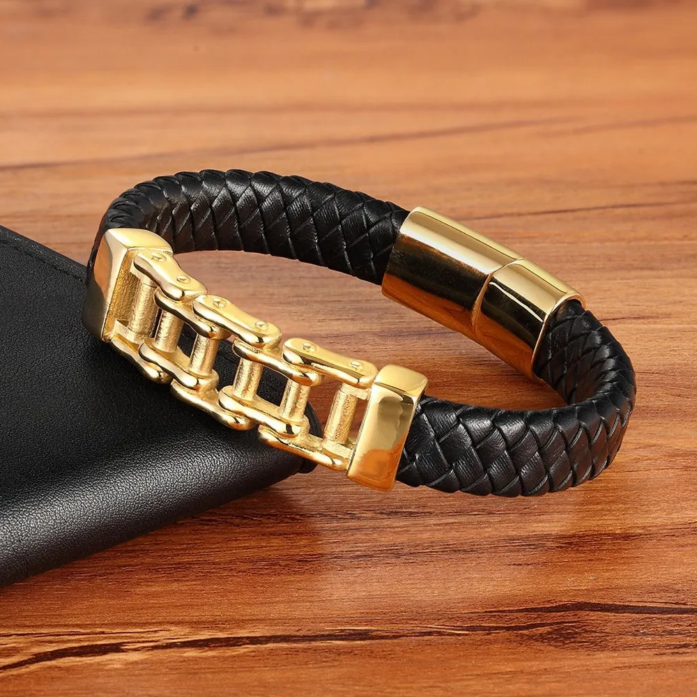 Men's black leather braided magnetic bracelet with titanium steel inlay, U-shape design, 19cm size option