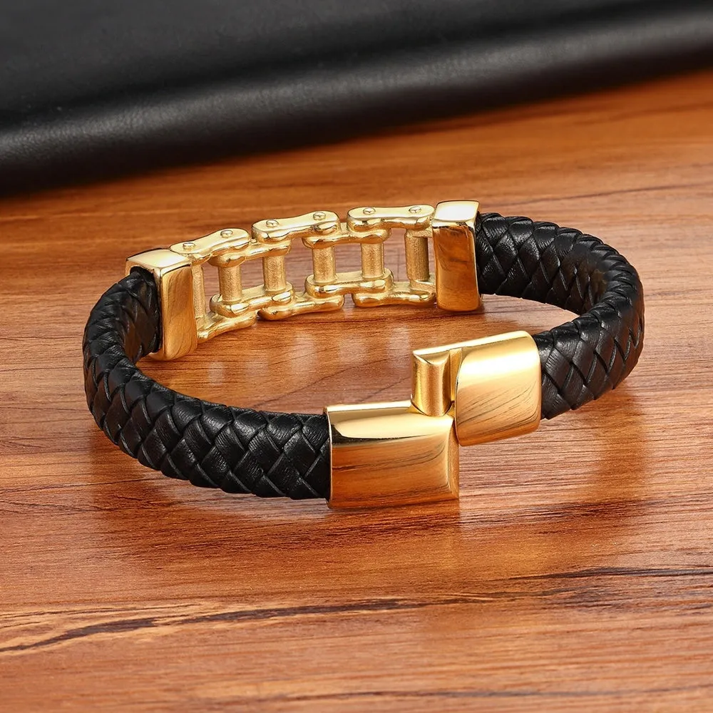 Men's black leather braided magnetic bracelet with titanium steel inlay, U-shape design, 19cm size option