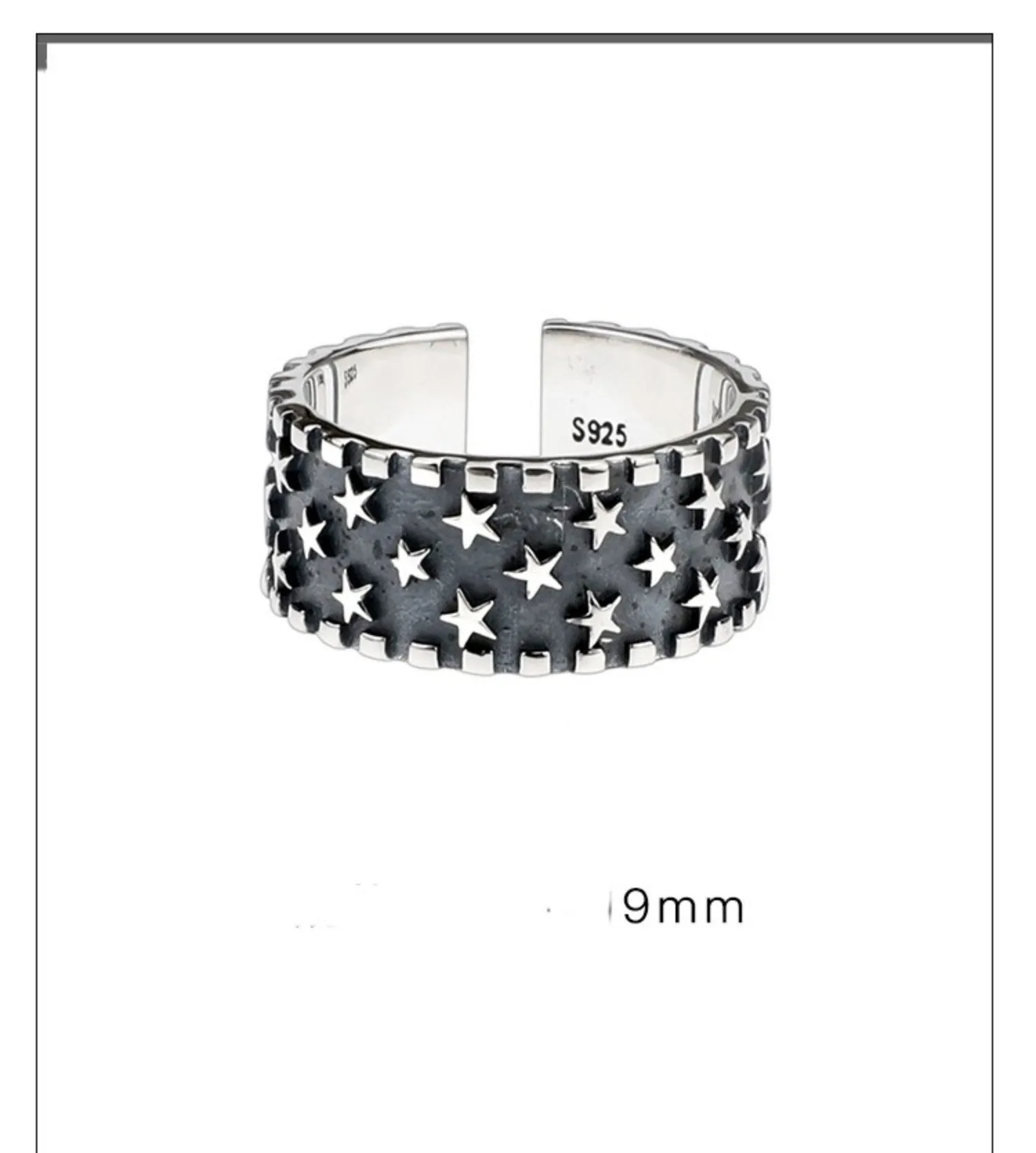 Adjustable silver ring with geometric five-pointed star pattern