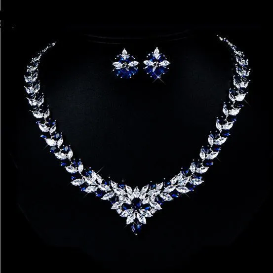 Zircon flower stud necklace set with earrings, gold-plated copper, adjustable 51-80cm box chain, floral pattern