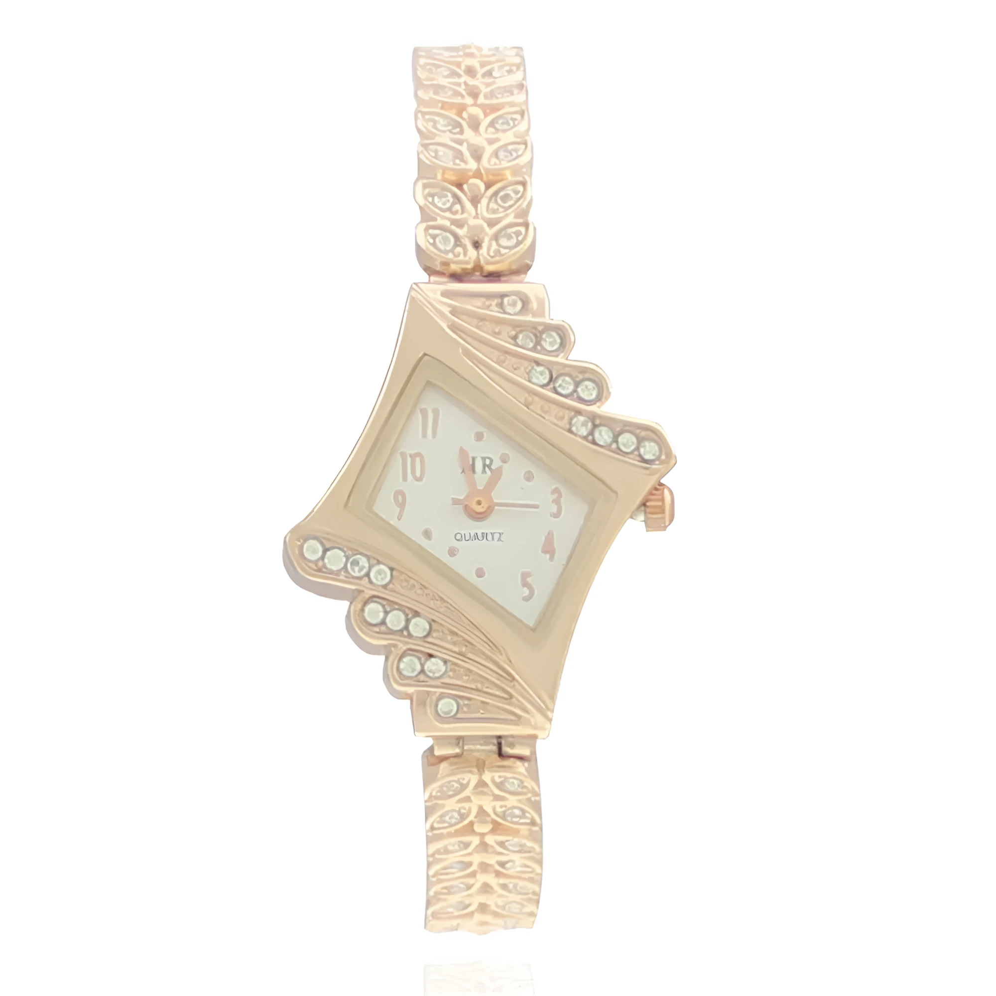 Rose gold stone paved wheat shaped metal women's wristwatch with quartz movement and 19cm band