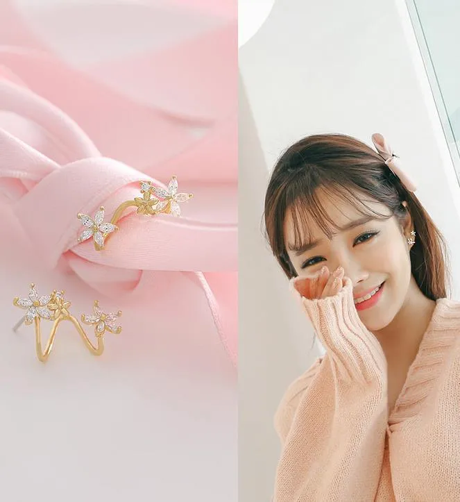 Silver flower earring for short hair in rose gold colour option
