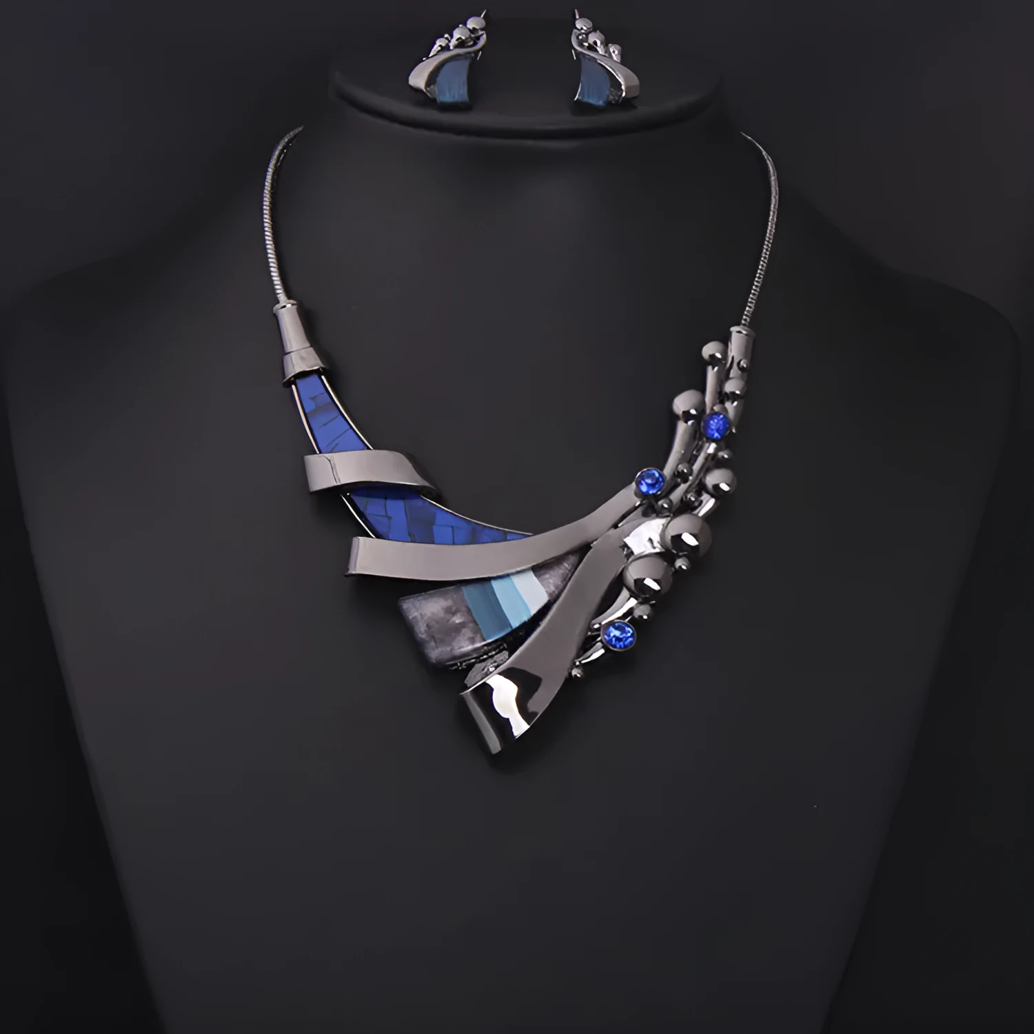 Blue geometric alloy clavicle necklace set for women, bride dinner, dress jewellery