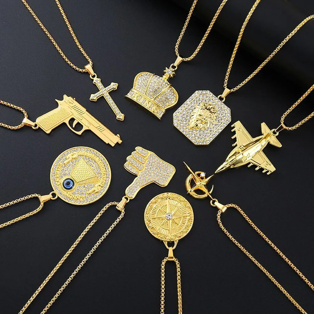 Gold geometric alloy pendant necklace for women with inlaid zircon stones.