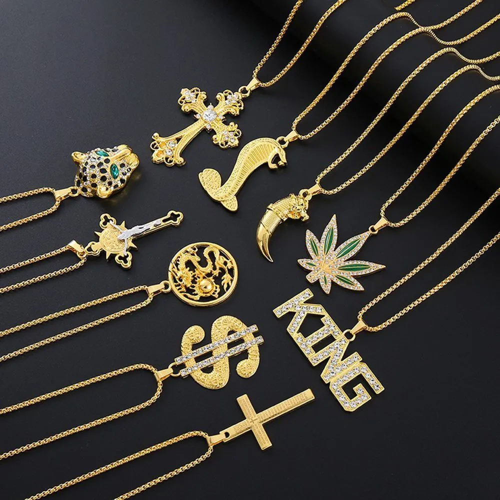 Gold geometric alloy pendant necklace for women with inlaid zircon stones.