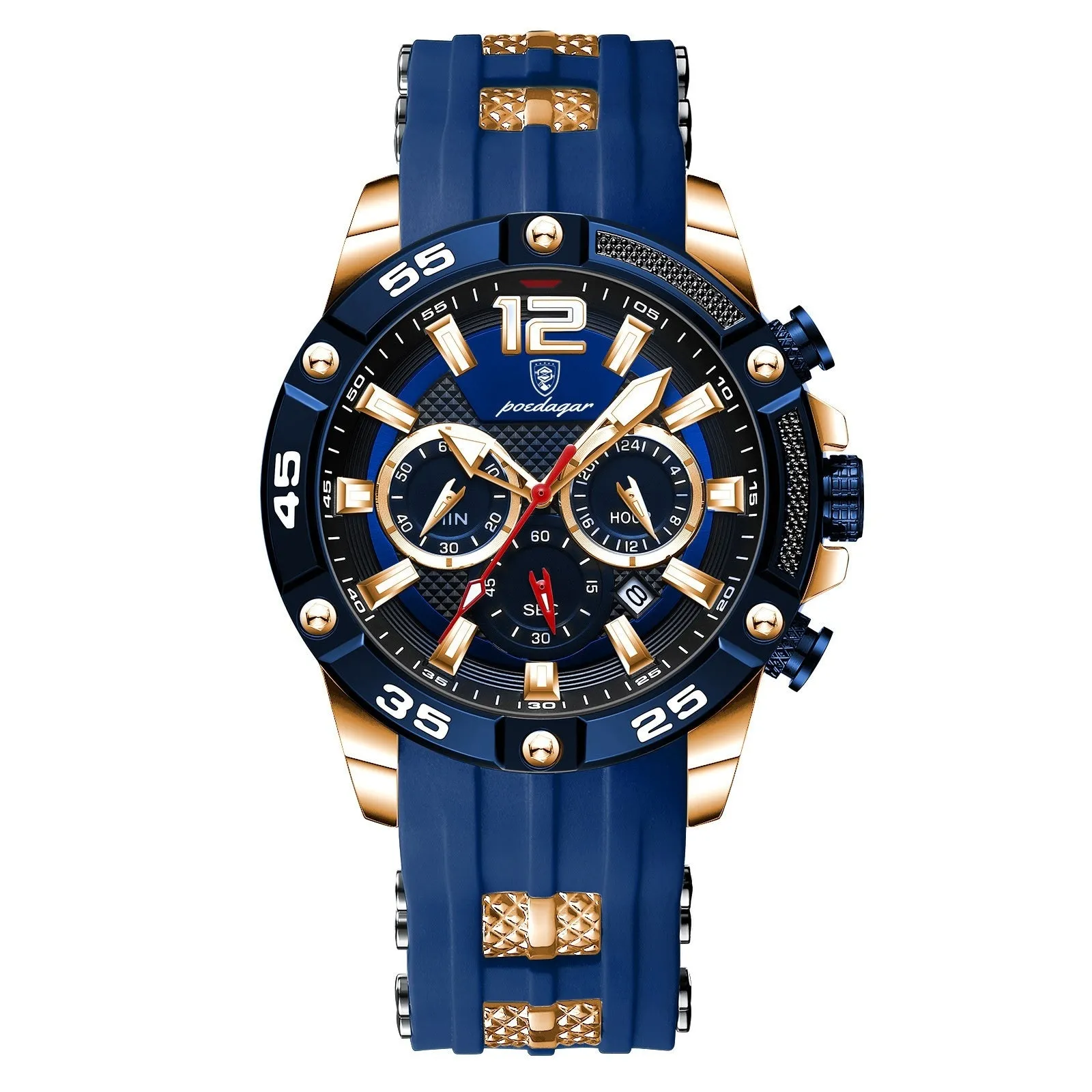 Men's quartz watch with black shell and blue silicone band, 8mm thickness, 912 series casual style