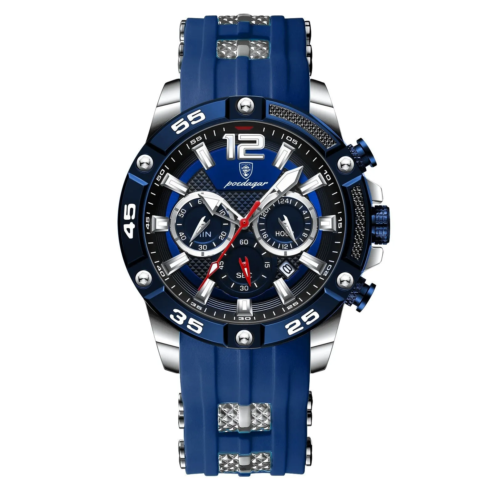 Men's quartz watch with black shell and blue silicone band, 8mm thickness, 912 series casual style