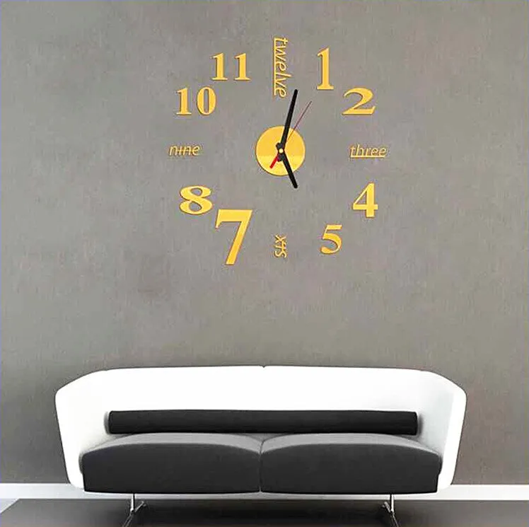 Round 10-inch DIY acrylic 3D stereo mirror wall clock on a living room wall, available in five colours