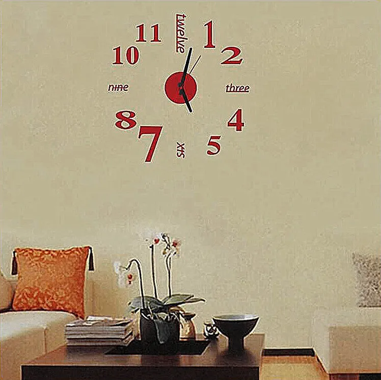 Round 10-inch DIY acrylic 3D stereo mirror wall clock on a living room wall, available in five colours