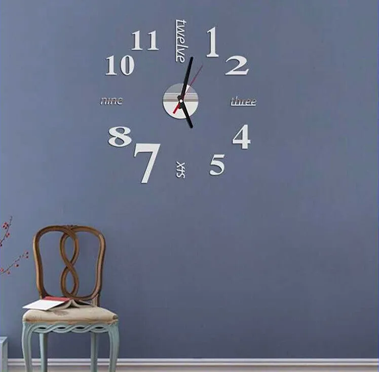 Round 10-inch DIY acrylic 3D stereo mirror wall clock on a living room wall, available in five colours