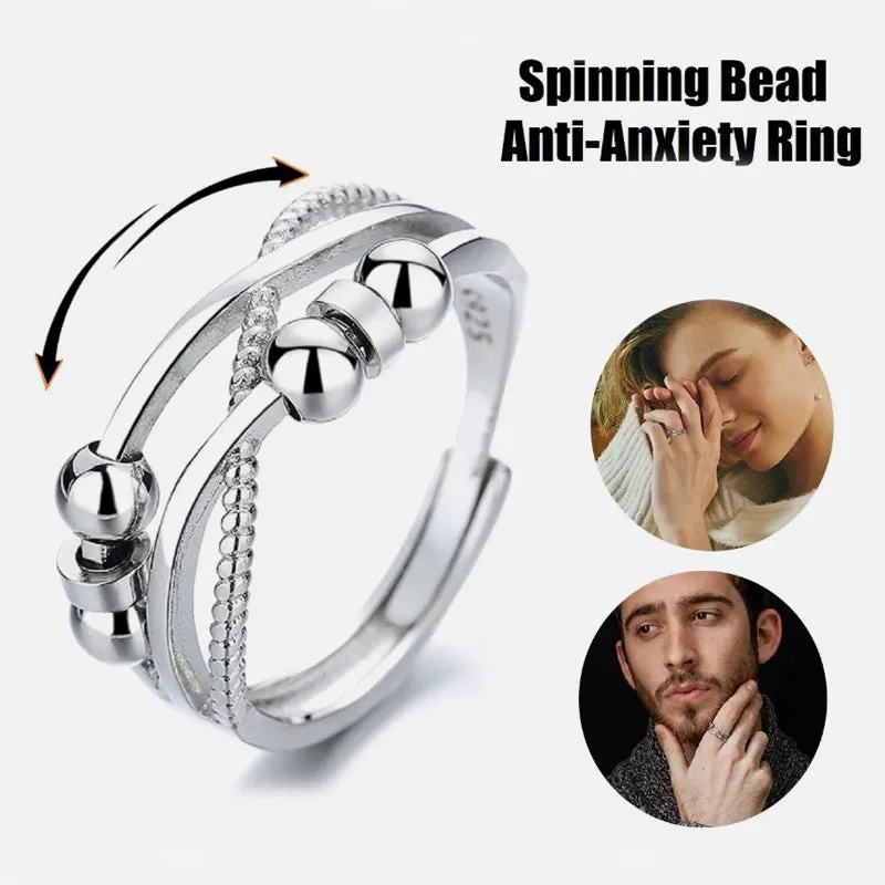 Rotatable copper ring with open design double-layered hollow line construction in platinum colour geometric shape