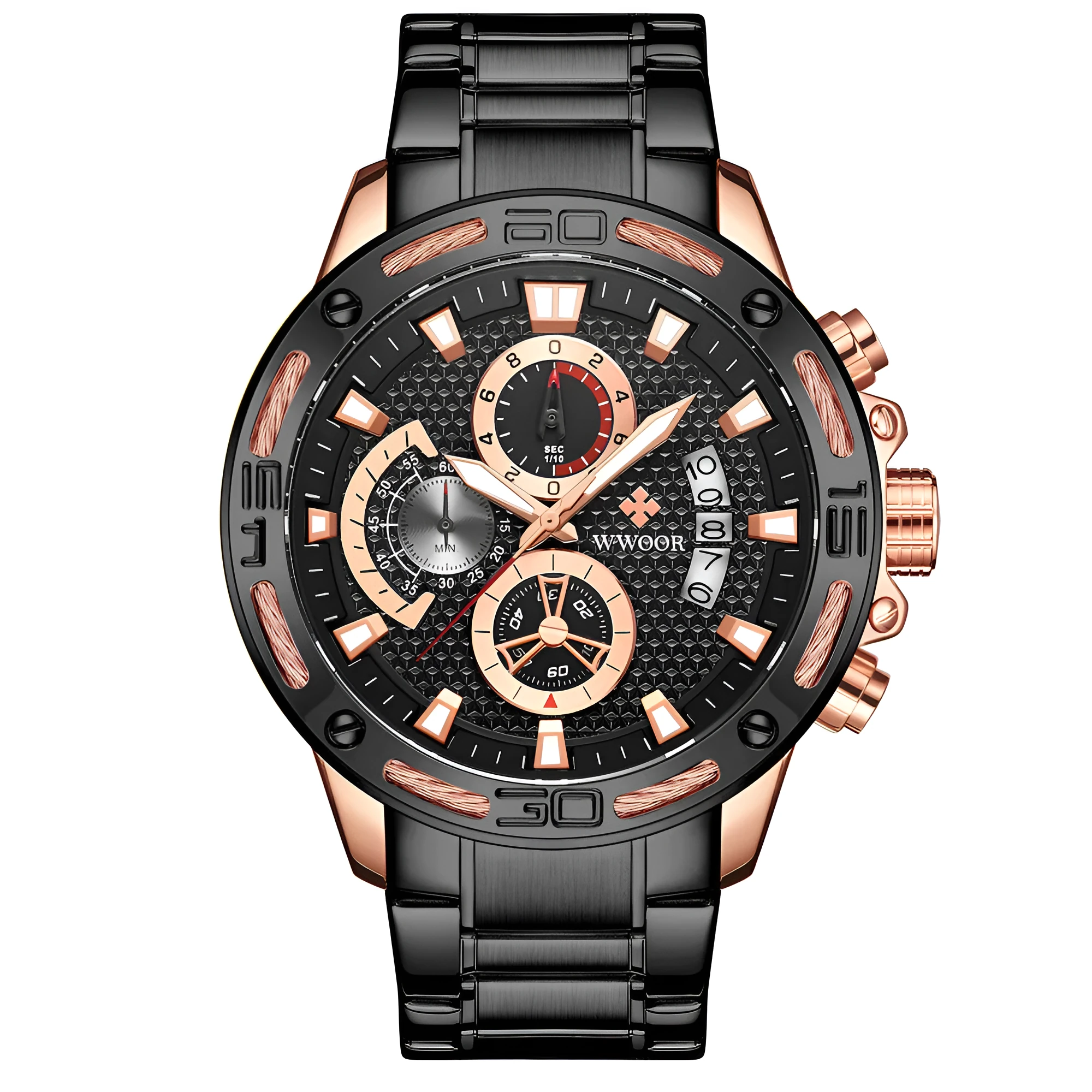 WWOOR gold men's quartz watch with stainless steel strap, chronograph dial, luminous hands, and date window
