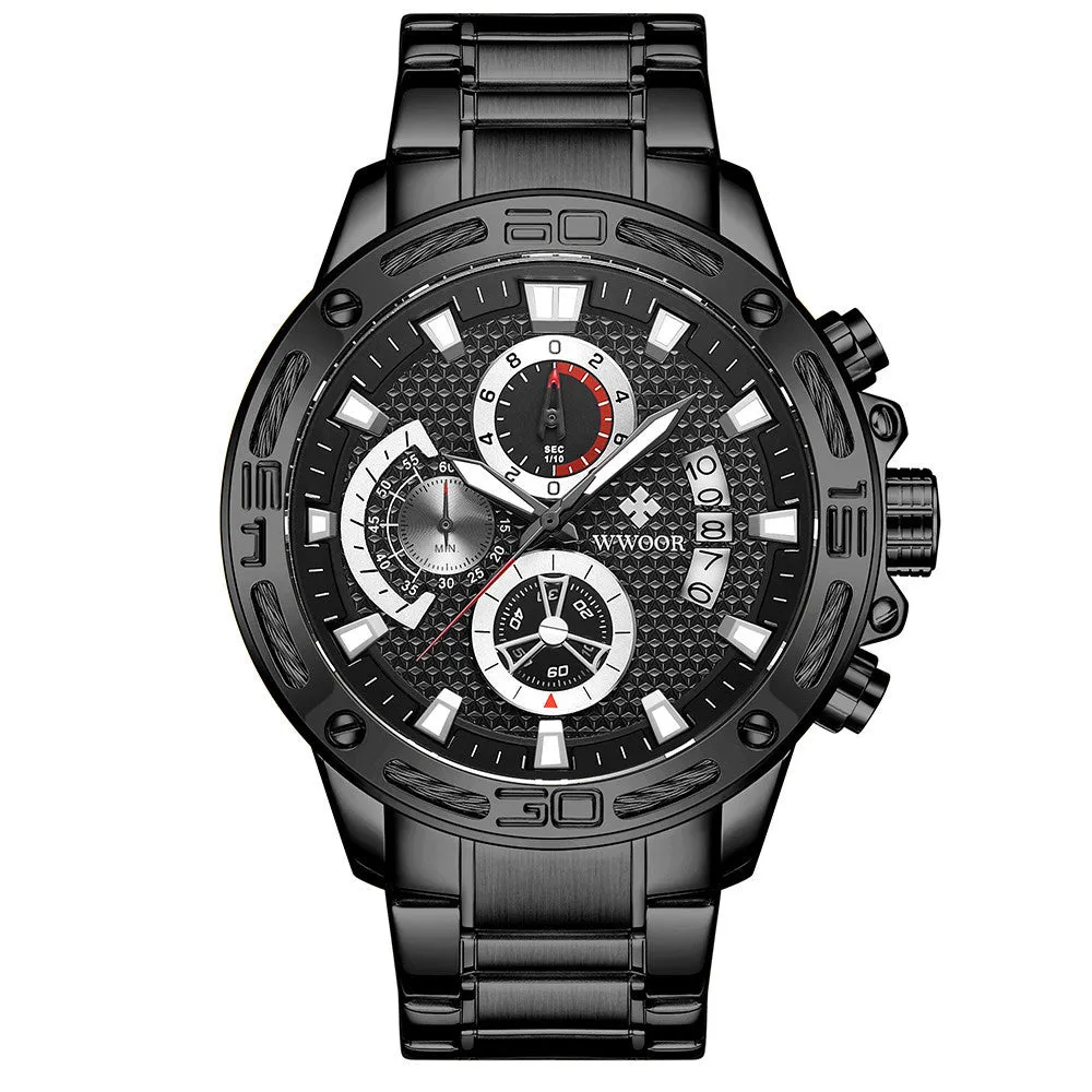 WWOOR gold men's quartz watch with stainless steel strap, chronograph dial, luminous hands, and date window