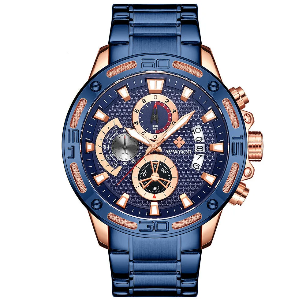WWOOR gold men's quartz watch with stainless steel strap, chronograph dial, luminous hands, and date window