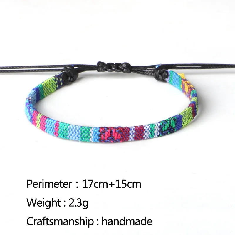 Hand woven rainbow colour bohemian style cloth anklet on a neutral background