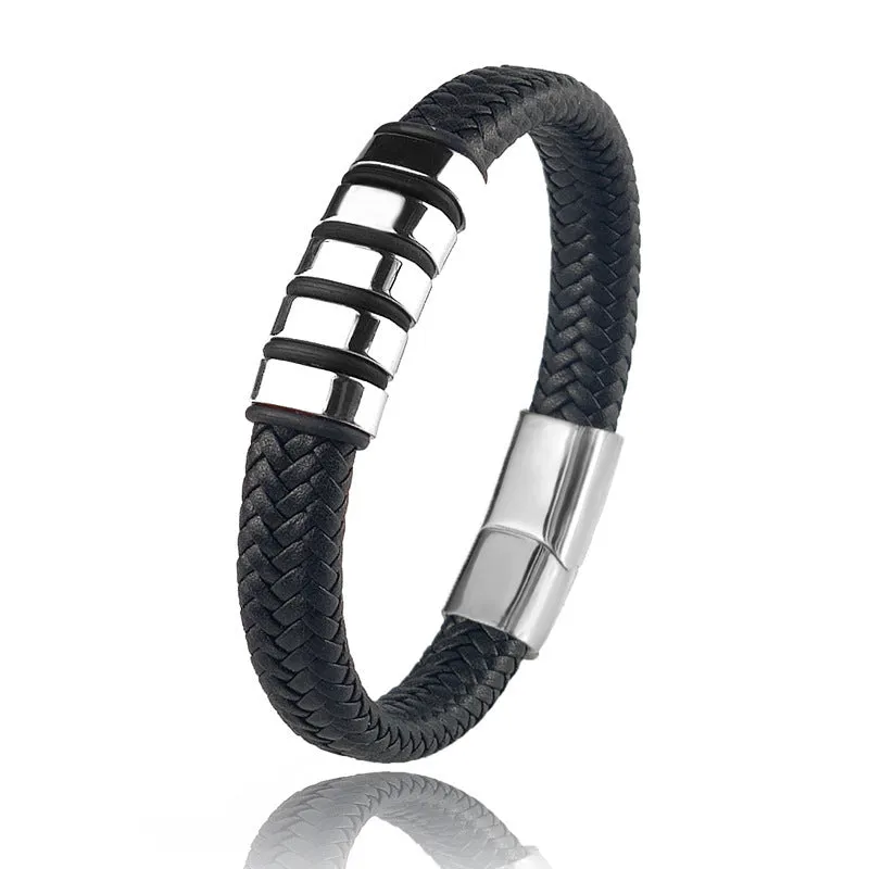 Custom family name bracelet with leather strap, titanium and stainless steel geometric charm, black finish, double-safety-clasps