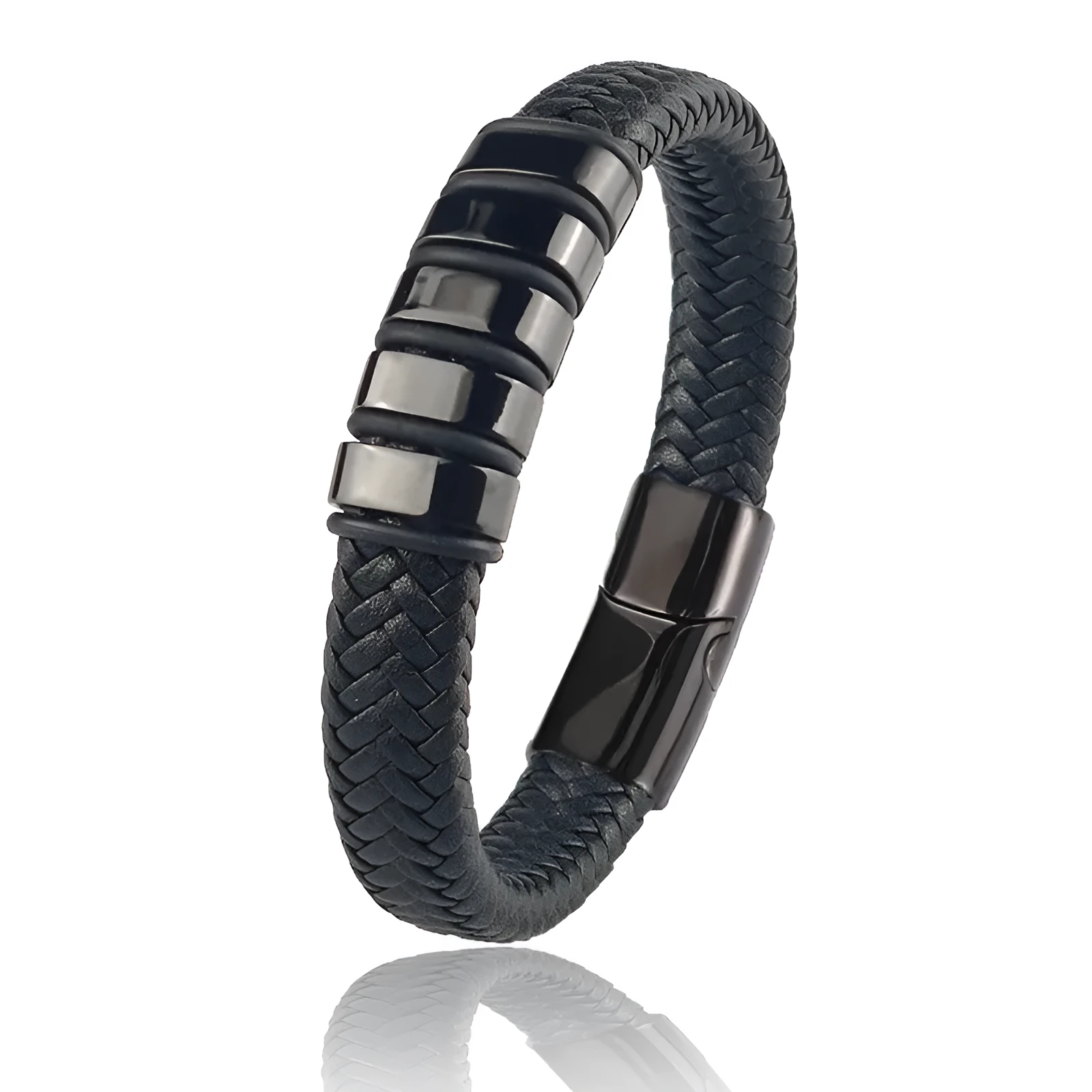 Custom family name bracelet with leather strap, titanium and stainless steel geometric charm, black finish, double-safety-clasps