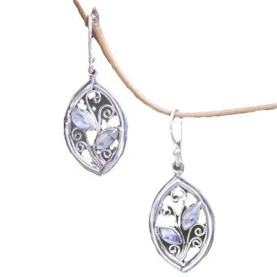 Silver alloy leaf-shaped earrings with embedded colourful moonstones for women