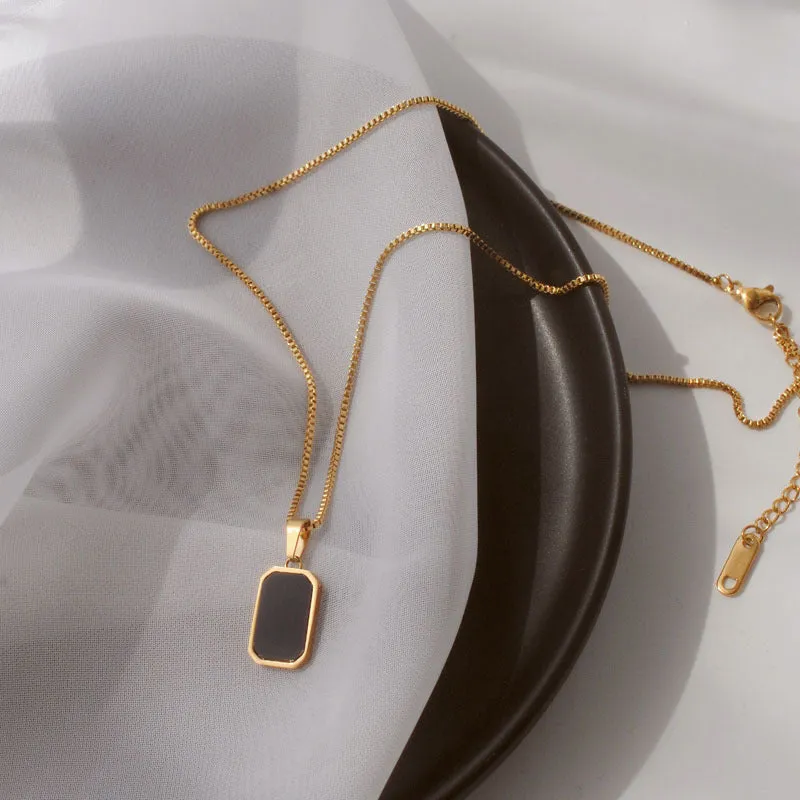 Rectangular pendant necklace 18K gold titanium steel box chain men women small black pendant geometric design