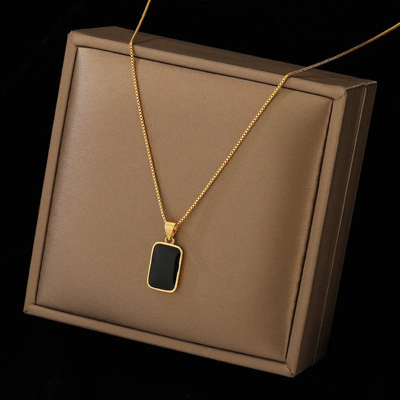 Rectangular pendant necklace 18K gold titanium steel box chain men women small black pendant geometric design