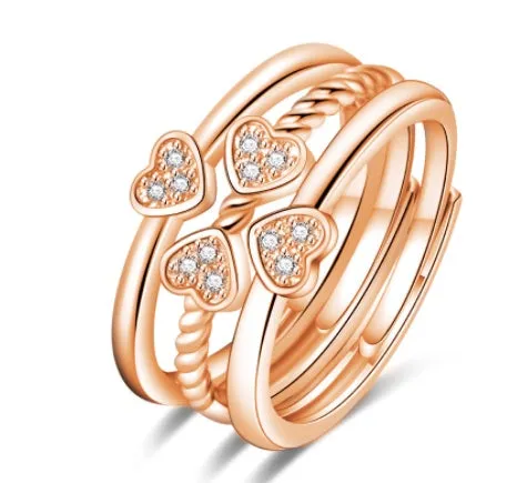 Four-leaf clover adjustable ring set for women with spinning top and zircon stones in white gold finish