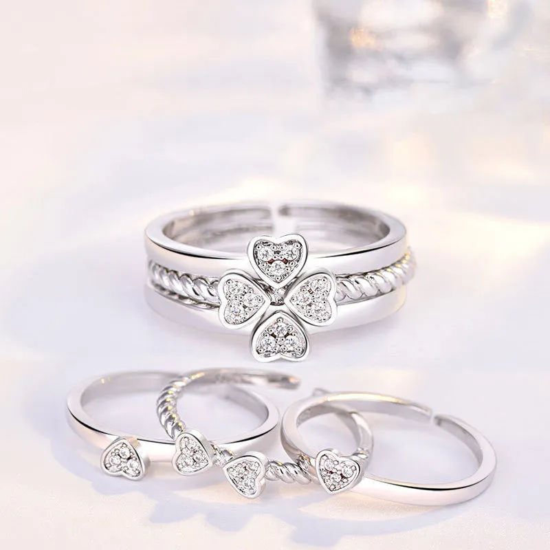 Four-leaf clover adjustable ring set for women with spinning top and zircon stones in white gold finish