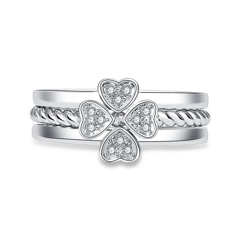 Four-leaf clover adjustable ring set for women with spinning top and zircon stones in white gold finish