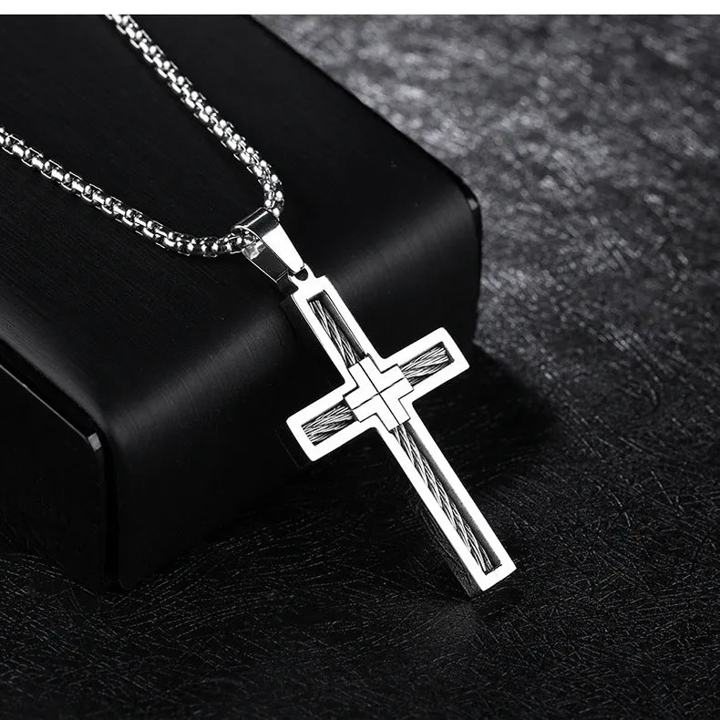 Titanium steel wire cross pendant on a 550mm white steel chain, silver finish, men's necklace