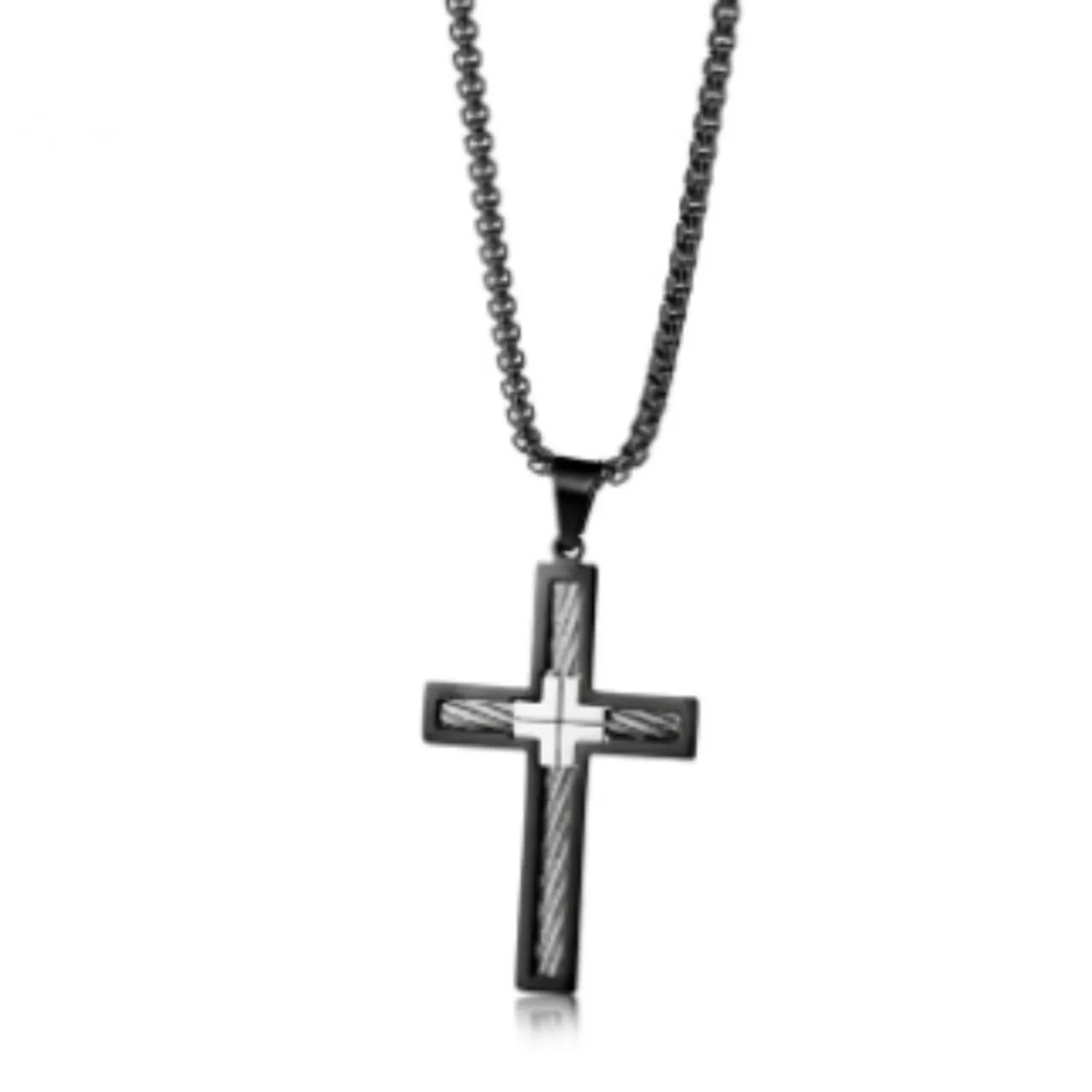 Titanium steel wire cross pendant on a 550mm white steel chain, silver finish, men's necklace