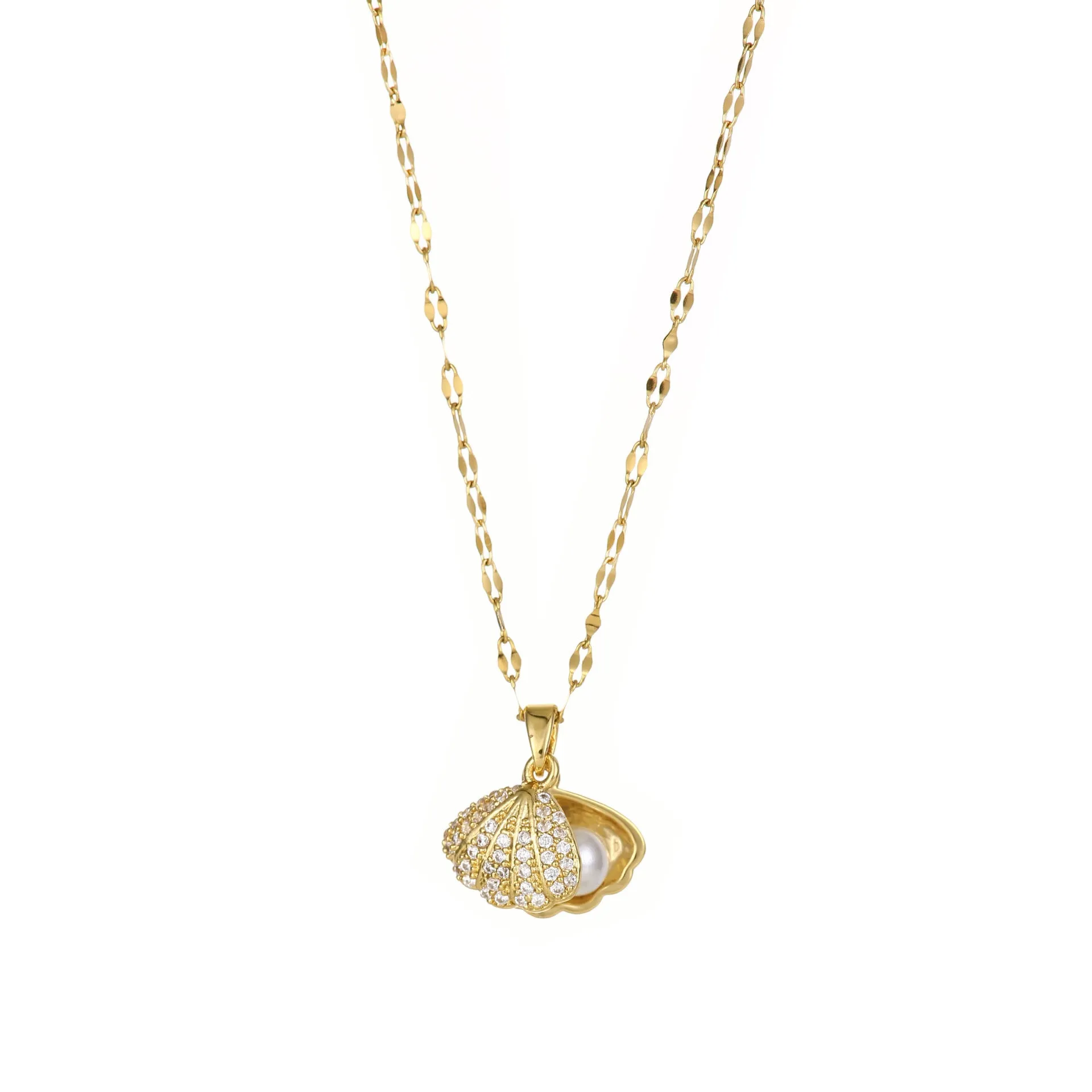 Shell pearl necklace with rhinestones on a titanium steel melon seeds chain, adjustable 41-50cm, for women