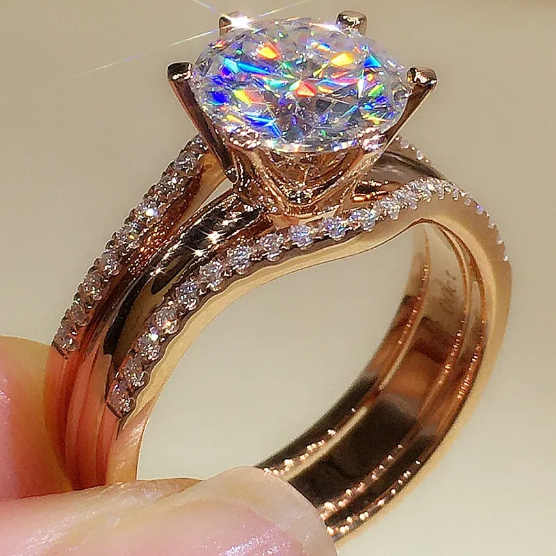 18K gold Mosonite matching ring with D colour stone in rose gold finish on white background
