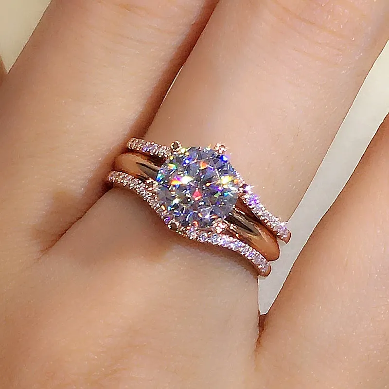 18K gold Mosonite matching ring with D colour stone in rose gold finish on white background