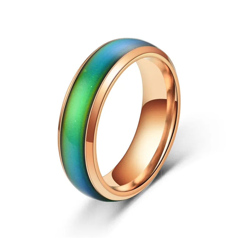 Colour changing mood ring in alloy with temperature-sensitive coating, available in black, gold, multicolor, rose gold, silver