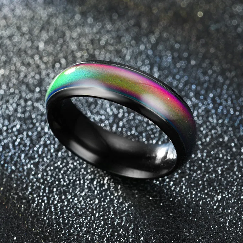 Colour changing mood ring in alloy with temperature-sensitive coating, available in black, gold, multicolor, rose gold, silver