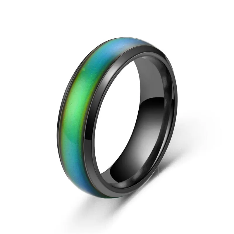 Colour changing mood ring in alloy with temperature-sensitive coating, available in black, gold, multicolor, rose gold, silver