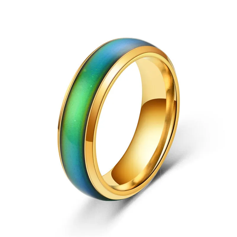 Colour changing mood ring in alloy with temperature-sensitive coating, available in black, gold, multicolor, rose gold, silver