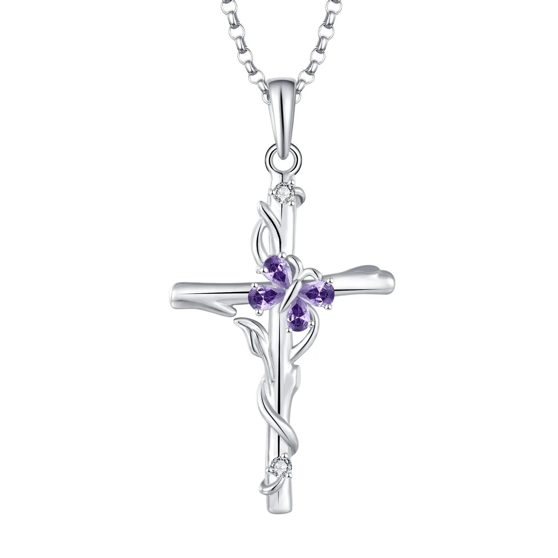 Sterling silver cross pendant necklace with zircon stones – S925 silver women's jewellery in aquamarine colour