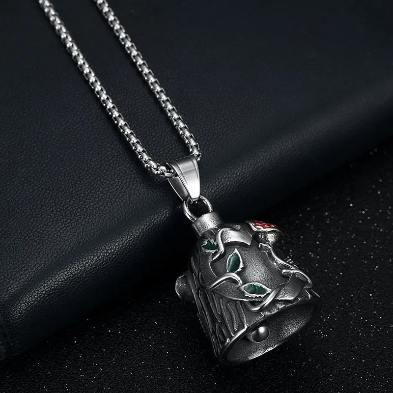 Titanium steel motorcycle riding lucky bell with polished vintage finish and double-sided epoxy rose design