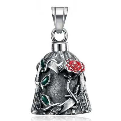 Titanium steel motorcycle riding lucky bell with polished vintage finish and double-sided epoxy rose design