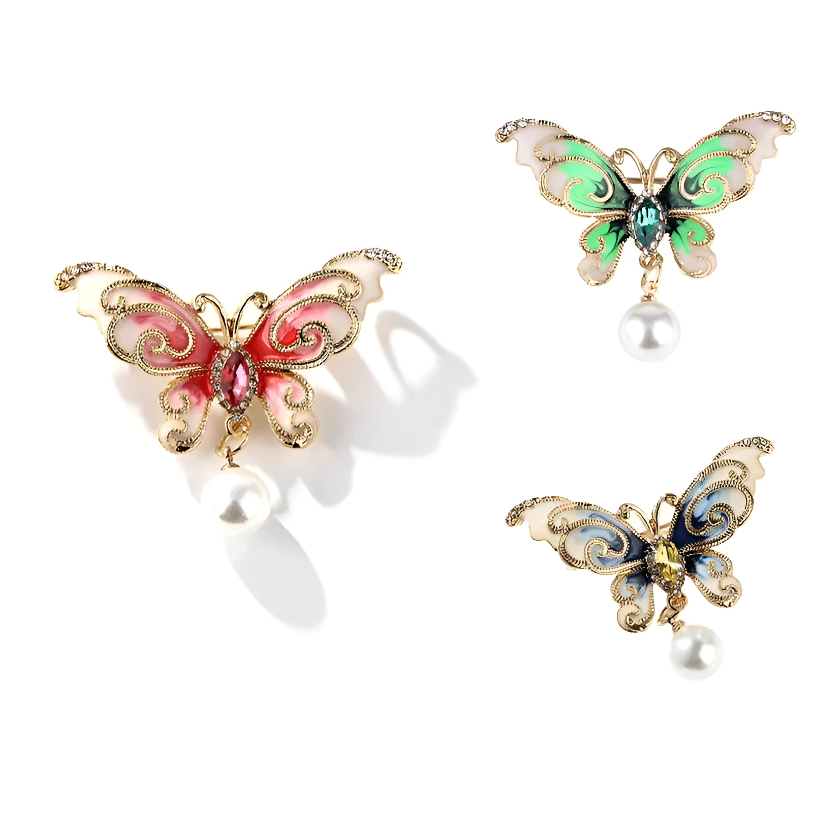 European and American style butterfly brooch in zinc alloy with artificial gems in blue, green, and red colours