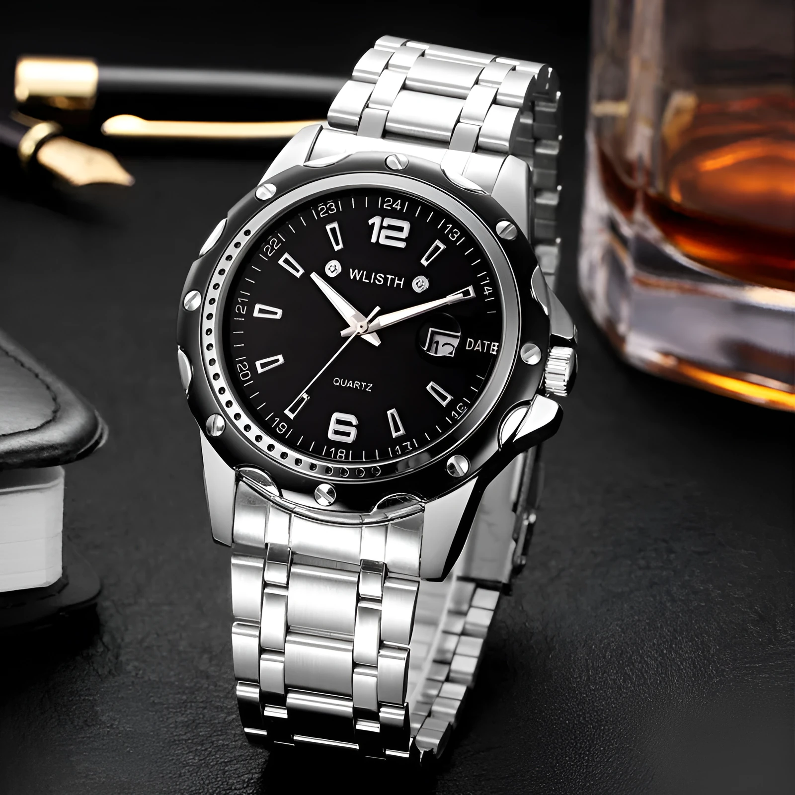 Waterproof men's calendar quartz watch with black dial and steel strap, 11mm thickness, sporty style