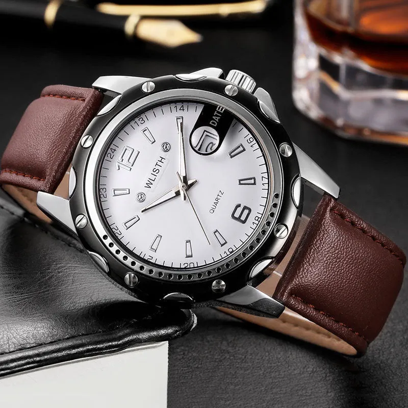 Waterproof men's calendar quartz watch with black dial and steel strap, 11mm thickness, sporty style