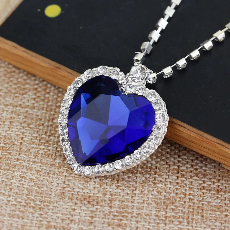 Heart Of The Sea blue crystal heart peach pendant necklace with platinum plating on 45cm chain