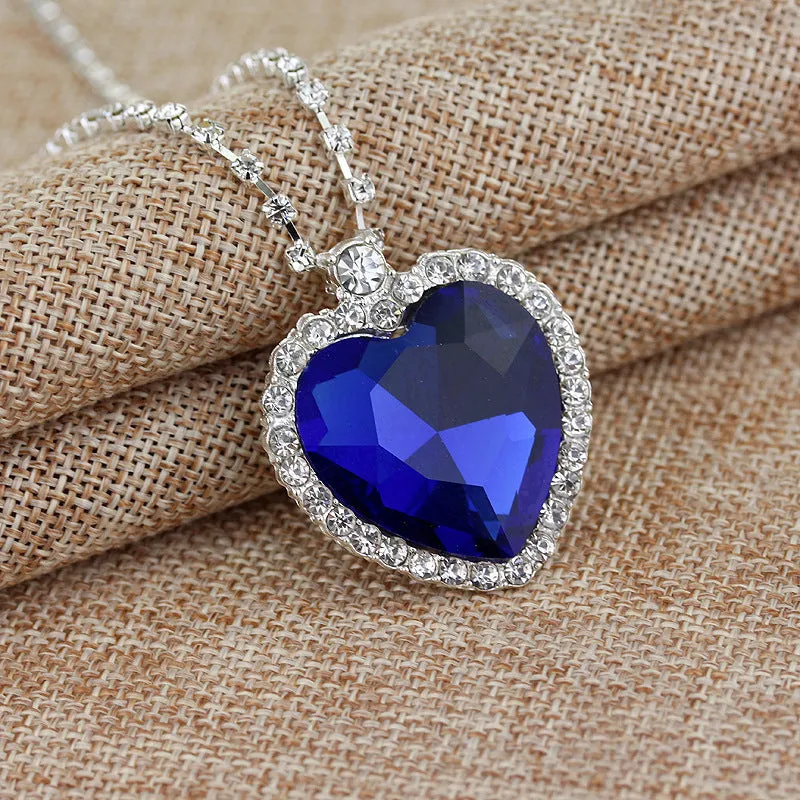 Heart Of The Sea blue crystal heart peach pendant necklace with platinum plating on 45cm chain